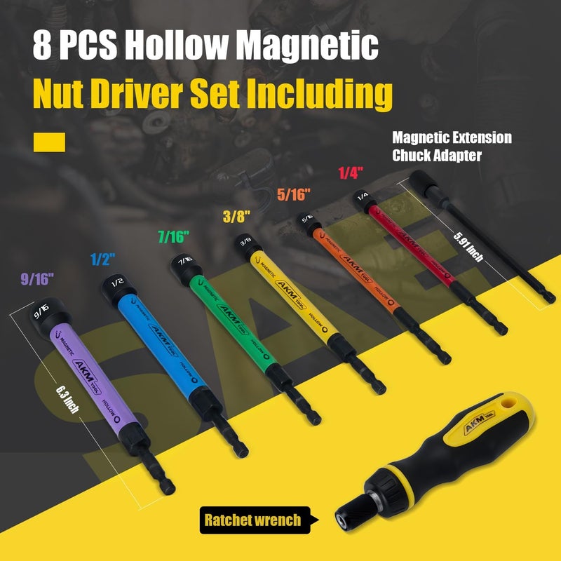 AKM TOOL 8 PCS Hollow Nut Driver Set, Magnetic Nut Driver Set with Ratcheting Handle, Hollow Shaft Nut Driver Set, SAE, Color Coded, 1/4 to 9/16-Inch, Hollow Nut Driver with 5-Inch Extended Reach - Image 2